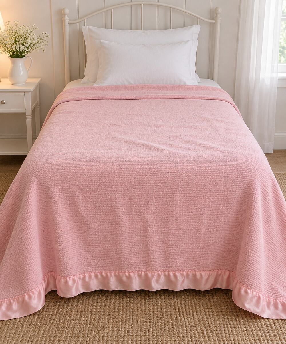 Vintage Pink Twin Blanket Satin Trim Lightweight Bed Blanket 72x60 Cottage Cozy